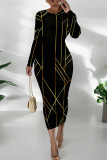 Blue Casual Print Patchwork O Neck Long Dresses