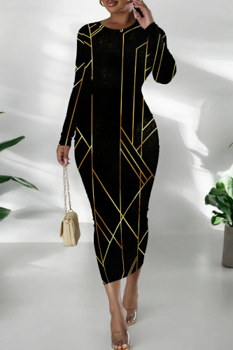 Black Casual Print Patchwork O Neck Long Dresses