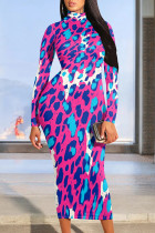 Rose Red Casual Print Patchwork Half A Turtleneck Wrapped Skirt Dresses