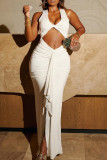 White Sexy Solid Color Hollow Out Patchwork V Neck Long Dresses