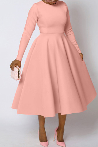 Pink Elegant Solid Color Patchwork Zipper O Neck A Line Dresses