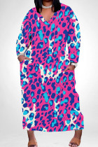 Rose Red Casual Print Pocket Patchwork V Neck Long Plus Size Dresses