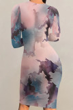Multi-color Casual Striped Print Gradient Contrast O Neck Printed Dresses