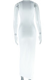 White Sexy Solid Color Hollow Out Patchwork V Neck Long Dresses