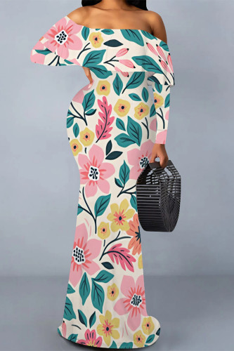 Apricot Sexy Floral Print Contrast Off Shoulder One Step Skirt Dresses