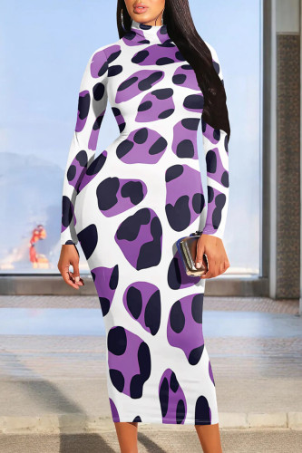 Purple Casual Print Patchwork Half A Turtleneck Wrapped Skirt Dresses