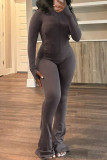 Coffee Long Sleeve Zipper Top and Skinny Pant Activewear Two Piece Sweatpant Set for Fitness