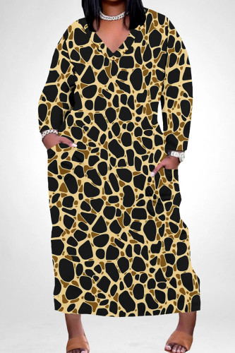 Brown Casual Print Pocket Patchwork V Neck Long Plus Size Dresses
