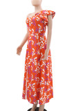 Red Elegant Print Patchwork High Slit Oblique Collar Long Dresses