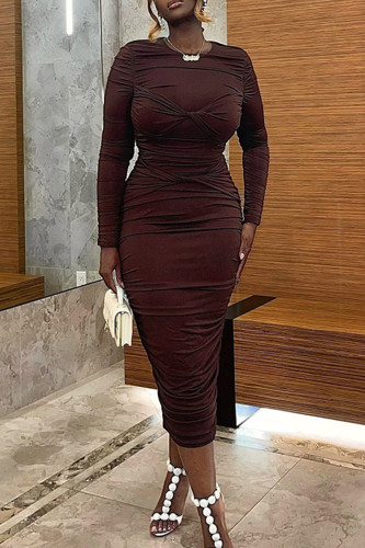 Brown Elegant Solid Color Patchwork Ruched O Neck Long Dresses