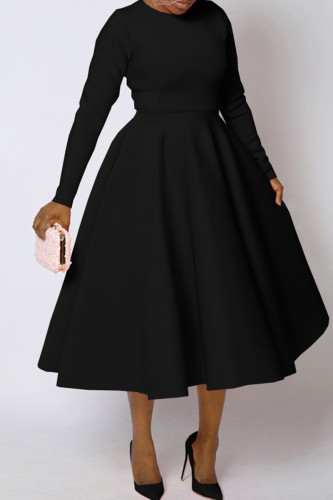 Black Elegant Solid Color Patchwork Zipper O Neck A Line Dresses