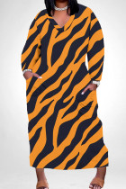 Orange Black Casual Stripe Pocket Patchwork V Neck Straight Plus Size Dresses