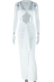 White Sexy Solid Color Hollow Out Patchwork V Neck Long Dresses