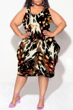 Black Casual Letter Print Gradient Irregular Contrast U Neck Irregular Plus Size Dresses