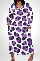 Purple Casual Print Pocket Patchwork V Neck Long Plus Size Dresses