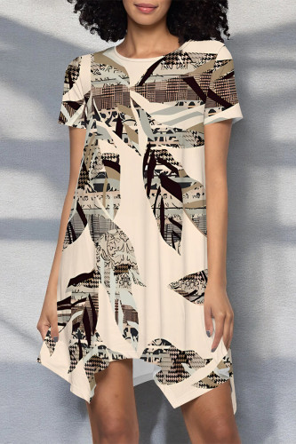 Multicolor Casual Floral Print Irregular Contrast O Neck Irregular Short Sleeve Dress