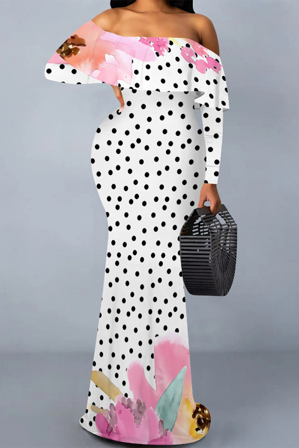 White Sexy Floral Print Polka Dot Ruffle Contrast Off Shoulder Long Dresses