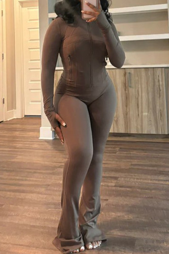 Coffee Long Sleeve Zipper Top and Skinny Pant Activewear Two Piece Sweatpant Set for Fitness