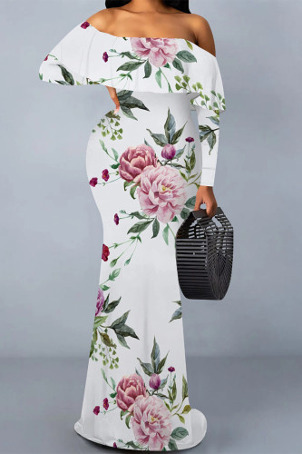 White Sexy Floral Print Contrast Off Shoulder One Step Skirt Dresses