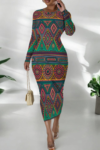 Colour Casual Print Patchwork O Neck Long Dresses