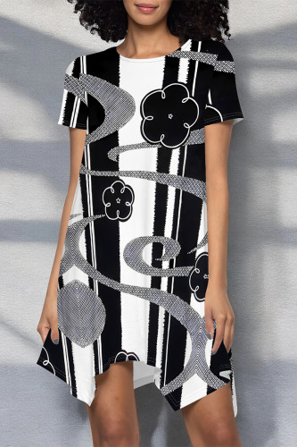 Black And White Casual Floral Print Irregular Contrast O Neck Irregular Short Sleeve Dress