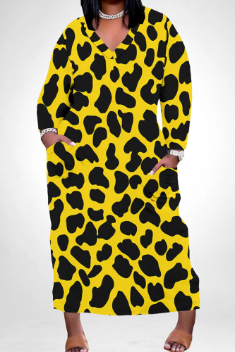 Yellow Casual Print Pocket Patchwork V Neck Long Plus Size Dresses