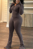 Coffee Long Sleeve Zipper Top and Skinny Pant Activewear Two Piece Sweatpant Set for Fitness