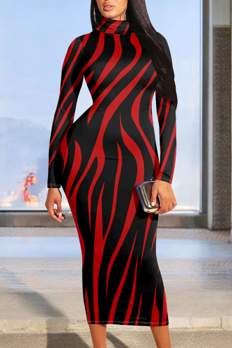 Black Red Casual Print Patchwork Half A Turtleneck Wrapped Skirt Dresses