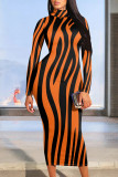 Orange Casual Print Patchwork Half A Turtleneck Wrapped Skirt Dresses