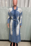 Blue Casual Pocket Buttons Patchwork Strap Design Turndown Collar Long Sleeve Loose Denim Jacket