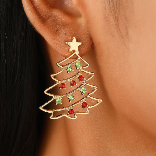 Red Gold Daily Christmas Tree Hollow Out Rhinestone Decor Earrings
