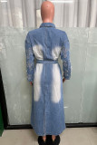 Blue Casual Pocket Buttons Patchwork Strap Design Turndown Collar Long Sleeve Loose Denim Jacket