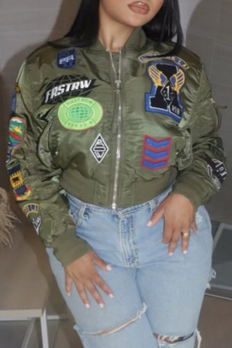 Army Green Casual Embroidery Patchwork Zipper Collar Outerwear