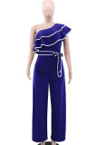 Black Casual Patchwork Strap Design Contrast Ruffled Trim Oblique Collar Loose Jumpsuits