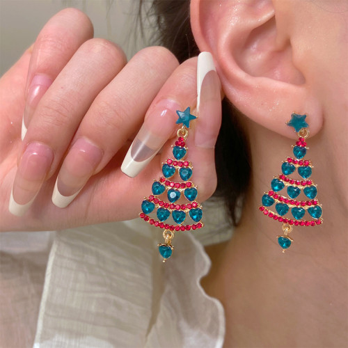 Red Green Daily Christmas Tree Hollow Out Rhinestone Decor Earrings