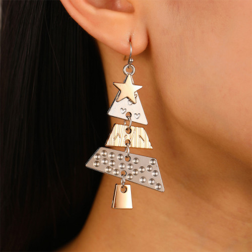 Silver White Daily Christmas Tree Hollow Out Rhinestone Decor Earrings