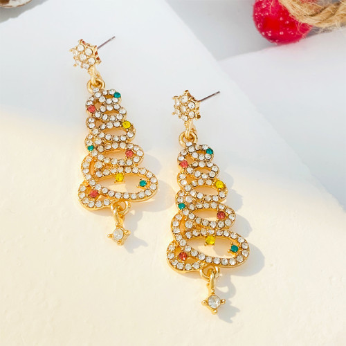 White Gold Daily Christmas Tree Hollow Out Rhinestone Decor Earrings