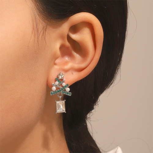 Silver Daily Christmas Tree Hollow Out Rhinestone Decor Earrings
