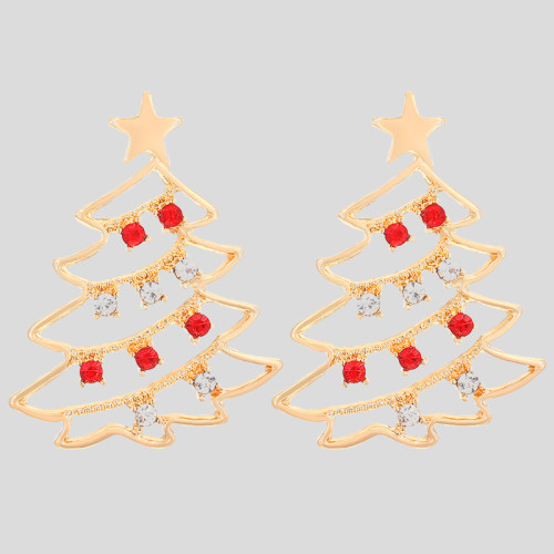 Red White Daily Christmas Tree Hollow Out Rhinestone Decor Earrings