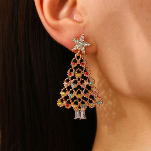 Multicolor Daily Christmas Tree Hollow Out Rhinestone Decor Earrings