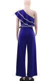 Black Casual Patchwork Strap Design Contrast Ruffled Trim Oblique Collar Loose Jumpsuits