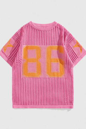 Pink Casual Letters Hollow Out Patchwork O Neck T-Shirts