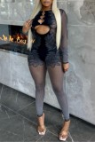 Black Sexy Hot Solid Color Hollow Out See-Through O Neck Skinny Jumpsuits