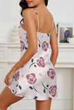 Fuchsia Sexy Flowers Print Contrast Sleepwear