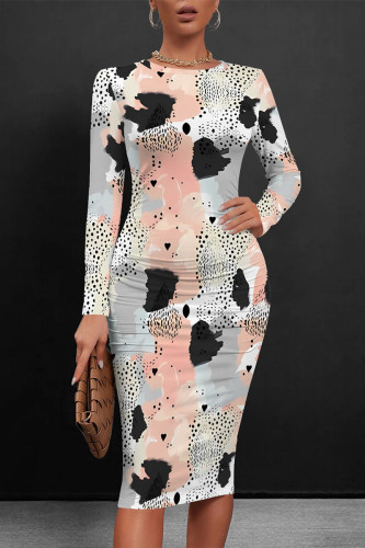 Gray Pink Casual Striped Print Tie Dye Contrast O Neck Printed Dresses