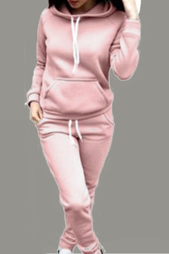 Pink Casual Hooded Collar Long Sleeve Sweatshirt And Pants Sportwear Two Piece Jogger Set