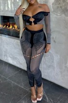 Black Sexy Hot Solid Color Hollow Out See-Through Backless Off Shoulder Long Sleeve Two Pieces