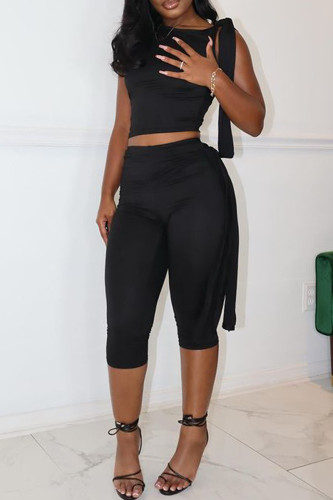 Black Casual Solid Color Lace Up Oblique Collar Sleeveless Two Pieces