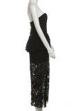 Black Sexy Solid Color Lace Patchwork Backless Strapless Long Dresses