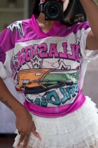 Rose Red Casual Daily Print Patchwork V Neck T-Shirts